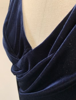 Womens, Evening Gown, VINCE CAMUTO, Navy Blue, Polyester, Elastane, Solid, Sz.8, Stretch Velvet, Long Sleeves, Surplice V-neck, Ruched at Side Waist, Floor Length, Invisible Zipper in Back