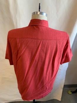 TASSO ELBA, Brick Red, Silk, Rayon, Solid, S/S, C.A., Textured Fabric, Bttn., Patch Pocket