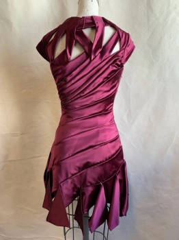 Womens, Cocktail Dress, MTO, Wine Red, Polyester, Solid, W 24, B 34, Satin, Diagonal Pleated Panels, Cap Sleeve, Open Décolletage Panels, Diagonal Snap Back, Asymmetrical Hem, Dangling Hem Panels
