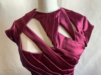 Womens, Cocktail Dress, MTO, Wine Red, Polyester, Solid, W 24, B 34, Satin, Diagonal Pleated Panels, Cap Sleeve, Open Décolletage Panels, Diagonal Snap Back, Asymmetrical Hem, Dangling Hem Panels