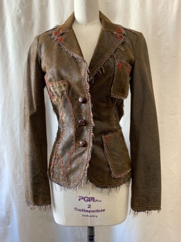 Womens, Casual Jacket, RAW, Brown, Black, Blue, Red, Leather, Wool, XS, Roughout Finish, Multi Color Raw Edge Thread Trim, 2 Patch Pockets, Faded Patches Sewn on with Red Thick Thread, Single Breasted, Button Front, 3 Buttons