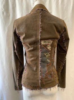 RAW, Brown, Black, Blue, Red, Leather, Wool, Roughout Finish, Multi Color Raw Edge Thread Trim, 2 Patch Pockets, Faded Patches Sewn on with Red Thick Thread, Single Breasted, Button Front, 3 Buttons