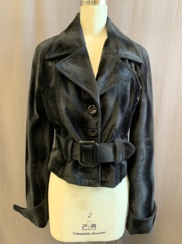 Womens, Casual Jacket, N/L, Black, Polyester, Solid, XS, Velvet, Short, Long Sleeves, Single Breasted, Collar Attached, Notched Lapel, Self Belt with Belt Loops, Turned Back Cuff