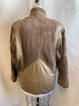 Womens, Jacket, COMINT, Lt Brown, Khaki Brown, Leather, Suede, L, Stand Collar, Double Breasted, Snap Buttons, Color Block (Suede/Leather)