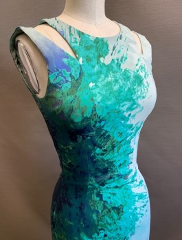 KAREN MILLEN, Mint Green, Ice Blue, Dk Green, Acetate, Polyamide, Abstract , Satin, Double Straps at Shoulders with V Shaped Cutout, Round Neck, Fitted Sheath Dress, Knee Length, Invisible Zipper in Back