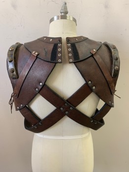 Mens, Harness, MTO, Dk Brown, Leather, Foam, Solid, 44, *Aged/Distressed* X Pattern on Front and Back, Silver Flat Studs, Bronze Round Studs on Shoulders, Velcro on Back, Lacing on Both Sides, Multiples Have Variations On Aging And Materials