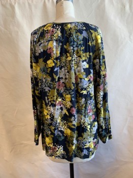 J. JILL, Olive Green, Navy Blue, Multi-color, Viscose, Floral, Round Neck, Button Front, L/S, Maroon Flowers, Yellow Leaves