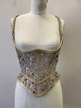 Womens, Sci-Fi/Fantasy Corset, NL, Lt Beige, Gold, Leather, Circles, 26, 34, Leather Panels, W/Pierced  Circles Sewn Together , Short  Suspenders  Attached  to Top ,Trims Painted Gold , Lace Back