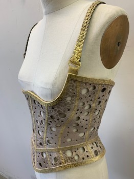 Womens, Sci-Fi/Fantasy Corset, NL, Lt Beige, Gold, Leather, Circles, 26, 34, Leather Panels, W/Pierced  Circles Sewn Together , Short  Suspenders  Attached  to Top ,Trims Painted Gold , Lace Back