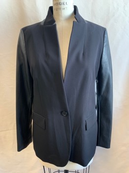 DKNY, Black, Polyester, Rayon, Solid, Stand Collar, Single Breasted, Button Front, 1 Button, 2 Flap Pockets, Pleather Trim on Neck, Pleather Sleeves