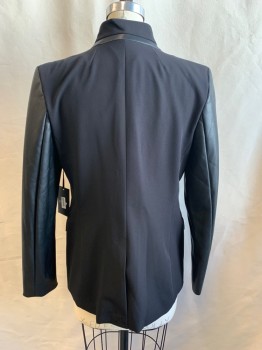 DKNY, Black, Polyester, Rayon, Solid, Stand Collar, Single Breasted, Button Front, 1 Button, 2 Flap Pockets, Pleather Trim on Neck, Pleather Sleeves