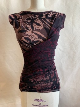 FUZZI, Dusty Pink, Red Burgundy, Black, Polyamide, Nylon, Floral, Boat Neckline, Draping From Left Shoulder to Side, Ruched, Cap Sleeves