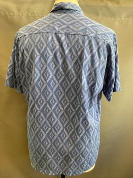 TOMMY BAHAMA, Lt Blue, Periwinkle Blue, Silk, Polyester, Geometric, Diamonds, Short Sleeves, Collar Attached, 1 Pocket,