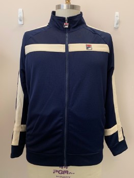 FILA, Navy Blue, Cream, Red, Polyester, Color Blocking, L/S, High Neck, Zip Front, Side Pockets, Logo Patch On Chest
