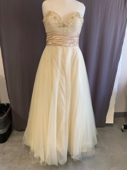 DAVID'S BRIDAL, Lt Beige, Polyester, Solid, Strapless, Netting Over Satin Lining, Beaded Bodice, Pleated Waist