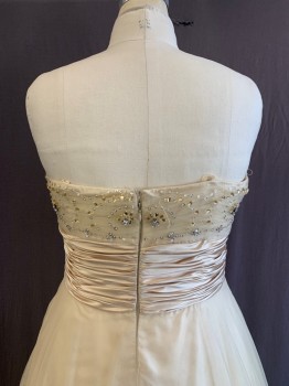 DAVID'S BRIDAL, Lt Beige, Polyester, Solid, Strapless, Netting Over Satin Lining, Beaded Bodice, Pleated Waist
