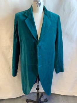 Mens, Historical Fiction Coat, JOHN KRISTIANSEN, Teal Green, Cotton, 48, Overcoat, Velvet, Notched Lapel, Single Breasted, Button Front, 3 Buttons (2 Bottom Button Holes are Closed), 3 Pockets, Double Pleated at Lower Center Back