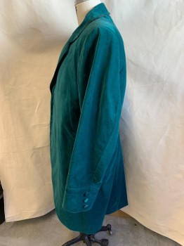 Mens, Historical Fiction Coat, JOHN KRISTIANSEN, Teal Green, Cotton, 48, Overcoat, Velvet, Notched Lapel, Single Breasted, Button Front, 3 Buttons (2 Bottom Button Holes are Closed), 3 Pockets, Double Pleated at Lower Center Back