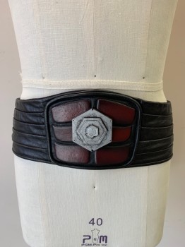 Unisex, Sci-Fi/Fantasy Belt, NL, Black, Leather, Wide Belt, Tuck Pleats, Wine-Red Ab-Like Shapes at Center Front, Muti Layer Silver Plastic Plate at Center Front, Velcro Back