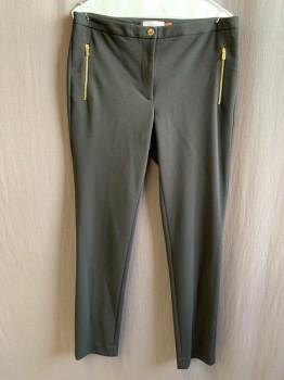 CALVIN KLEIN, Black, Polyester, Spandex, Solid, Zip Fly, Gold Button, 1" Waistband, 2 Gold Front Zippers, 2 Back Welt Pockets