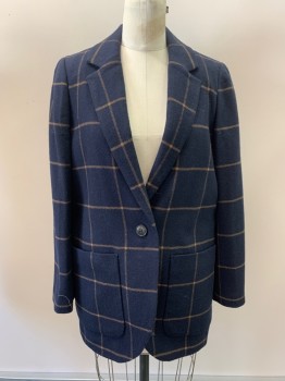 MADEWELL, Navy Blue, Tan Brown, Wool, Polyester, Plaid, Notched Lapel, Brushed Silver Buckle, Button Front, 1 Button, 2 Pockets