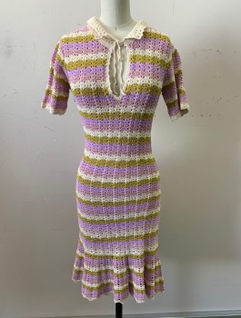 SANDRO, Lavender Purple, Lime Green, Cream, Lilac Purple, Viscose, Polyamide, Stripes - Horizontal , Crochet, See Through, S/S, Solid Cream Collar, Keyhole At Neck With Self Ties, Fitted, Knee Length, Flared Ruffle At Hem