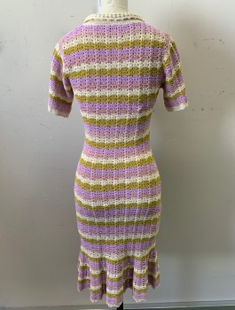SANDRO, Lavender Purple, Lime Green, Cream, Lilac Purple, Viscose, Polyamide, Stripes - Horizontal , Crochet, See Through, S/S, Solid Cream Collar, Keyhole At Neck With Self Ties, Fitted, Knee Length, Flared Ruffle At Hem