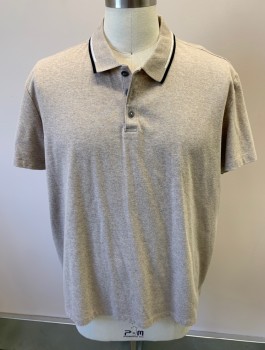 ALFANI, Oatmeal Brown, Black, White, Poly/Cotton, Heathered, S/S, 3 Buttons, Black And White Trim On Collar