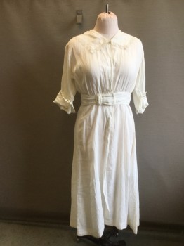 Womens, Dress 1890s-1910s, N/L, White, Cotton, Linen, Solid, B36, Cotton Linen Blend Batiste. Hidden Snap Front Closure. Lace Trim Collar & Cuffs & Self Belt with White Shell Buckle. Stain on Left Sleeve,