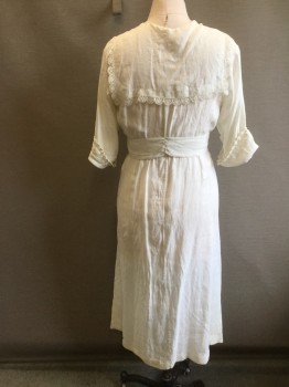 Womens, Dress 1890s-1910s, N/L, White, Cotton, Linen, Solid, B36, Cotton Linen Blend Batiste. Hidden Snap Front Closure. Lace Trim Collar & Cuffs & Self Belt with White Shell Buckle. Stain on Left Sleeve,