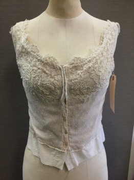 Womens, Camisole 1890s-1910s, Cream, Cotton, Lace, Floral, Polka Dots, B32, Button Front, Scoop Neck, Lace Bust & Trim, Good Condition