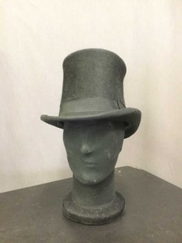 Mens, Historical Fiction Hat , N/L, Black, Wool, Solid, Black Wool Top Hat, Grosgrain Hatband, Slightly Indented Left Side