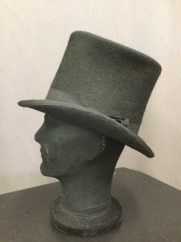 Mens, Historical Fiction Hat , N/L, Black, Wool, Solid, Black Wool Top Hat, Grosgrain Hatband, Slightly Indented Left Side