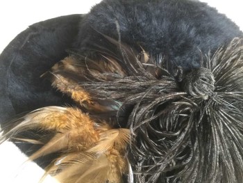 N/L, Black, Espresso Brown, Brown, Olive Green, Angora, Feathers, Solid, Black Fluffy Angora, Black Grosgrain Band, Espresso Dark Brown Ostrich Feathers and Brown and Olive Smaller Feathers, 4" Wide Brim, Black Linen Lining,