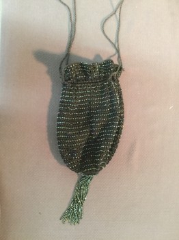 Womens, Purse 1890s-1910s, NO LABEL, Black, Metallic, Synthetic, Beaded, Solid, Black Crochet Metallic Beads, Metallic Beaded Tassel,