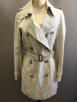 Womens, Coat, Trenchcoat, BURBERRY, Lt Khaki Brn, Cotton, Solid, 6, Double Breasted, Epaulettes at Shoulders, 2 Pockets, Collar Attached, Beige with Black and Red Plaid Lining **2 Pieces: Comes with Self Fabric Belt with Brown Leather Buckle