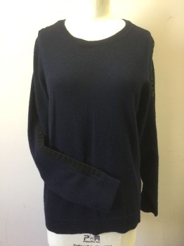 THE KOOPLES, Navy Blue, Black, Wool, Cashmere, Solid, Navy Knit with Black See-Thru Lace at Shoulders/Sleeve Outseam, Long Sleeves, Round Neck