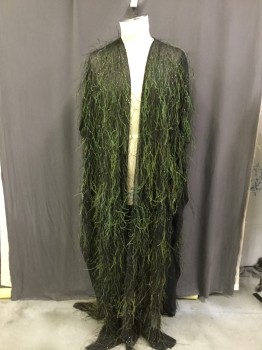 MTO, Black, Iridescent Green, Iridescent Black, Beaded, Feathers, Novelty Pattern, Very Long Silk Chiffon Rectangle of Fabric, Finished Edges But Raw Edge Hem, (You May Hem It) Open Sides and Center Front, Beads and Peacock Feathers