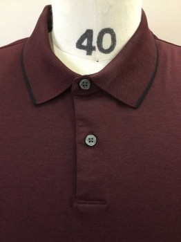 THEORY, Wine Red, Black, Cotton, Heathered, Heather Wine/black,  Collar Attached W/black Trim, 2 Button Front, Black Inside Placket, Short Sleeve,  See Photo Attached,