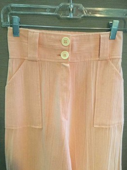 Womens, Pants, N/L, Peach Orange, Solid, W 24, Peach-orange Vertical Texture, 3" Waistband W/2 Large Cream Buttons & Belt Hoops, 2 Cargo Patch Pockets Front, Bell Bottom, See Photo Attached,
