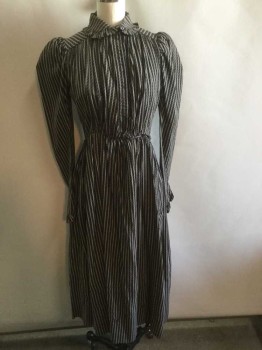 Womens, Dress 1890s-1910s, MTO, Black, Cream, Cotton, Stripes - Pin, Stripes - Vertical , W:21, B:32, Black with Cream Vertical Triple Pinstripes and Diagonal Dashed Stripe Pattern, Long Sleeves, Hook & Eye Closure At Center Front Bust, Peter Pan Collar with Ruffled Edge, Puffy Sleeve with Gathered Shoulders, Ruffle At Cuff, Gathered Waist, Hem Ankle Length, Caramel Cotton Inner Lining