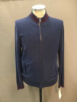 MERONA, Indigo Blue, Maroon Red, Cotton, Heathered, Zip Front, 2 Pckts, L/S, Ribbed Knit High Collar/Cuff with 2 Maroon Stripes,