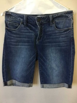 Womens, Shorts, PAIGE, Navy Blue, Cotton, Spandex, 27, Denim, Knee Length, Creased Lines & Washed Out Front, Zip Front, Cuff Hem