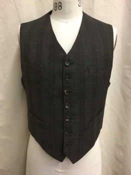 Mens, 1930s Vintage, Suit, Vest, NO LABEL, Brown, Red Burgundy, Tan Brown, Wool, Plaid, Herringbone, 46, 4 Pockets, Button Front, Adjustable Back Buckle, Made To Order