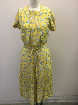 Womens, 1940s Vintage, Dress, N/L, Yellow, White, Powder Blue, Green, Dk Blue, Cotton, Floral, B:36, Sheer Rib Knit Jersey, Short Sleeves, High Square Neckline with Smocking Detail Near Edge, V Shape Waistband, Hem Below Knee, ***Torn at Center Back Neck Near Hook/Eye Closure, Large Mend Under Arm,  **3 Pieces Total: Comes with Non-Coded Sash Belt