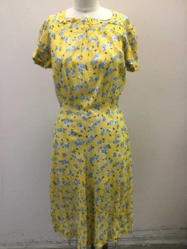 Womens, 1940s Vintage, Dress, N/L, Yellow, White, Powder Blue, Green, Dk Blue, Cotton, Floral, B:36, Sheer Rib Knit Jersey, Short Sleeves, High Square Neckline with Smocking Detail Near Edge, V Shape Waistband, Hem Below Knee, ***Torn at Center Back Neck Near Hook/Eye Closure, Large Mend Under Arm,  **3 Pieces Total: Comes with Non-Coded Sash Belt