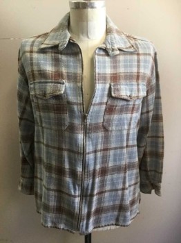 Mens, Jacket, BASIC EDITIONS, Lt Blue, Lt Gray, Brown, Cotton, Plaid, C:44, M, Flannel, Zip Front, Long Sleeves, Collar Attached, 2 Flap Pockets,