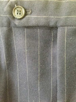 BURBERRY'S, Navy Blue, White, Wool, Stripes - Pin, Navy with White Pinstripe, Pleated Waist, Button Tab Waist, Zip Fly