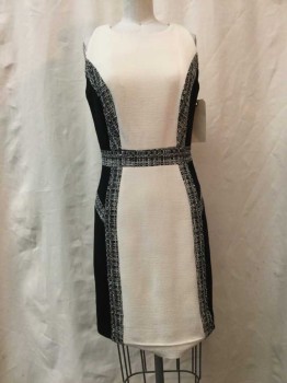 MILLY, Ivory White, Black, Wool, Synthetic, Color Blocking, Tweed, White Center Front, Black Sides, Black & White Tweed Panel Detail, Round Neck,  Sleeveless