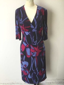 DONNA RICCO, Multi-color, Purple, Magenta Purple, Black, Periwinkle Blue, Polyester, Spandex, Floral, Purple with Magenta, Black, Periwinkle Oversized Floral Pattern, 3/4 Sleeves, Wrapped V-neck, Empire Waist, Ruched Sides at Hips, Hem Below Knee